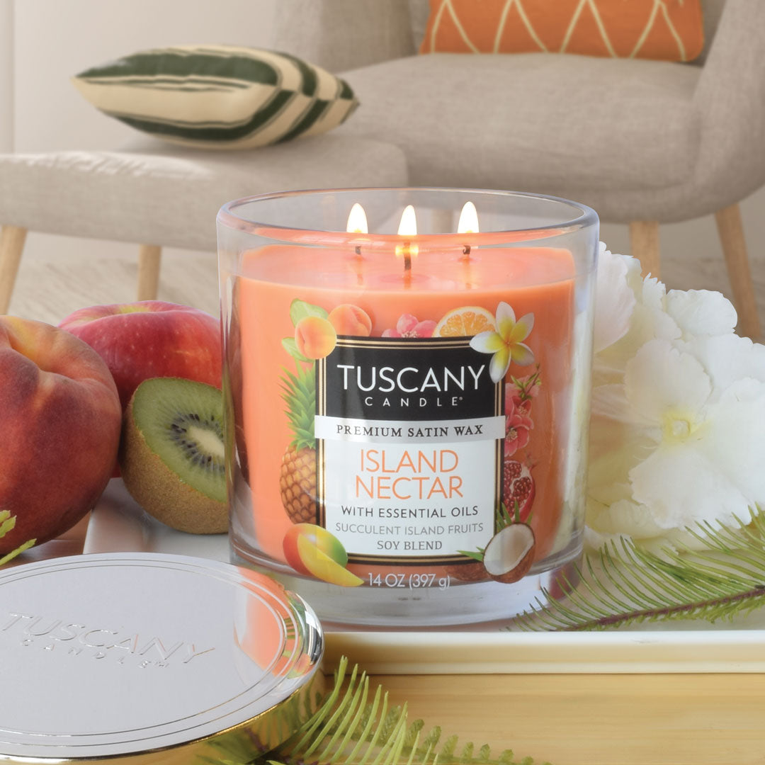 Tuscany Candle's Island Nectar Long-Lasting Scented Jar Candle, reminiscent of a tropical paradise.