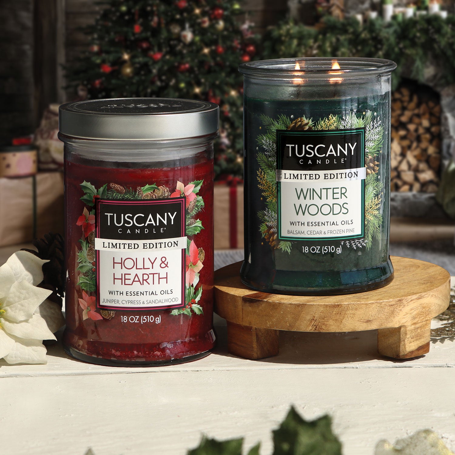 A still life of Christmas-themed scented candles