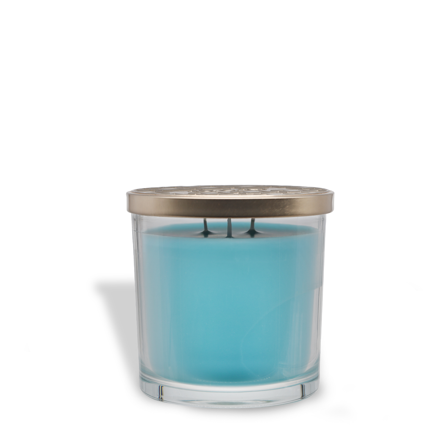 The Tuscany Candle® EVD Ocean Mist Long-Lasting Scented Jar Candle (14 oz) features blue wax, three wicks, and a metallic lid, delivering a refreshing ocean aroma in a glass jar against a white background.
