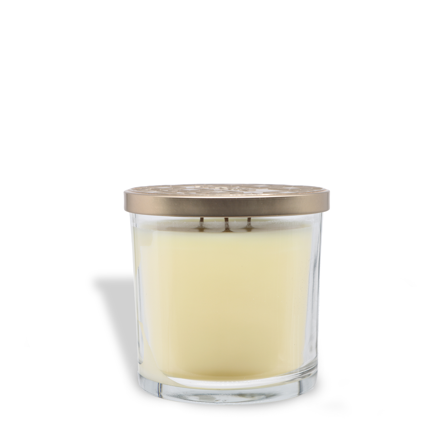 The Tuscany Candle® EVD Vanilla Bean Long-Lasting Scented Jar Candle (14 oz) features light yellow wax, three wicks, and a metallic lid in a glass jar, adding a warm vanilla aroma to your space.