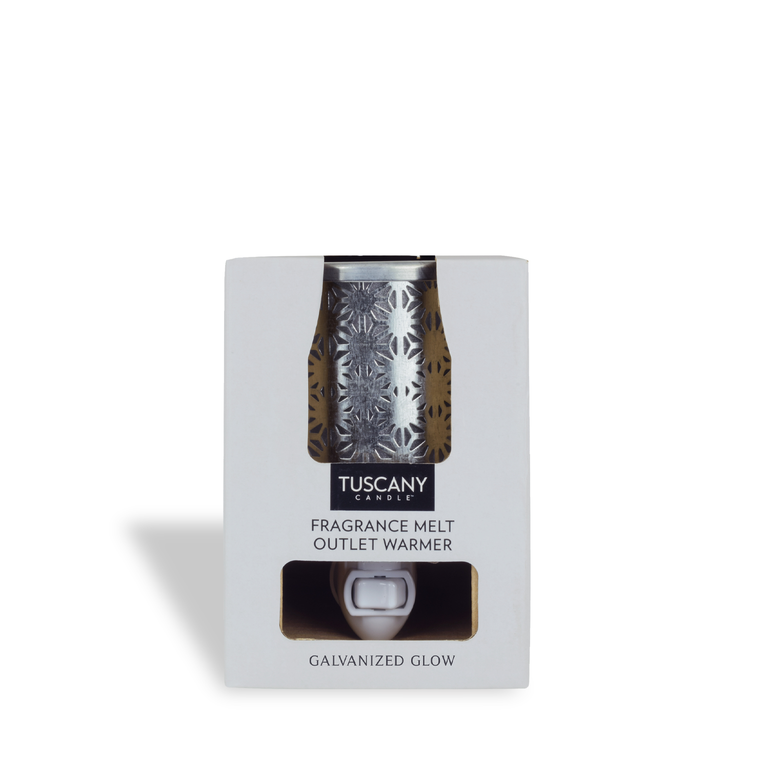 Tuscany Candle® Everyday Galvanized Metal Wax Melt Warmer comes in a white box, showcasing a metallic floral design and labeled "Galvanized Glow.