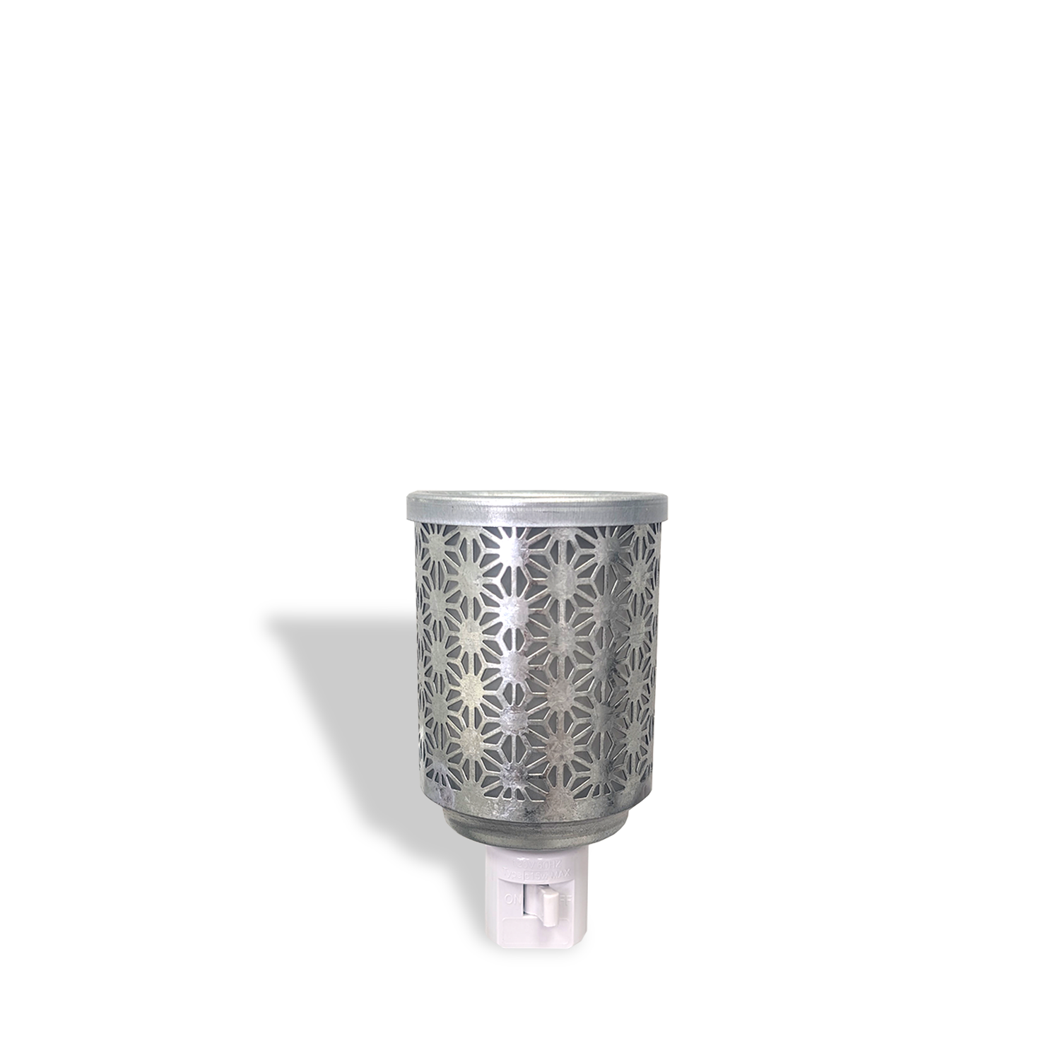 The Galvanized Metal Wax Melt Warmer by Tuscany Candle® Everyday, featuring a metallic floral-patterned cover, is displayed against a plain white background.