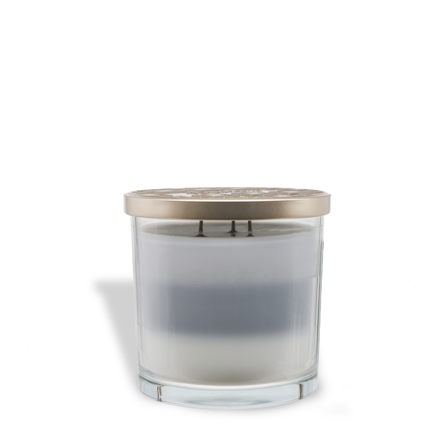 The Tuscany Candle® EVD Evening Fireside Long-Lasting Scented Jar Candle (14 oz) features three wicks, layered white and gray wax, a metallic lid, and a woodsy scent that creates a cozy ambiance.