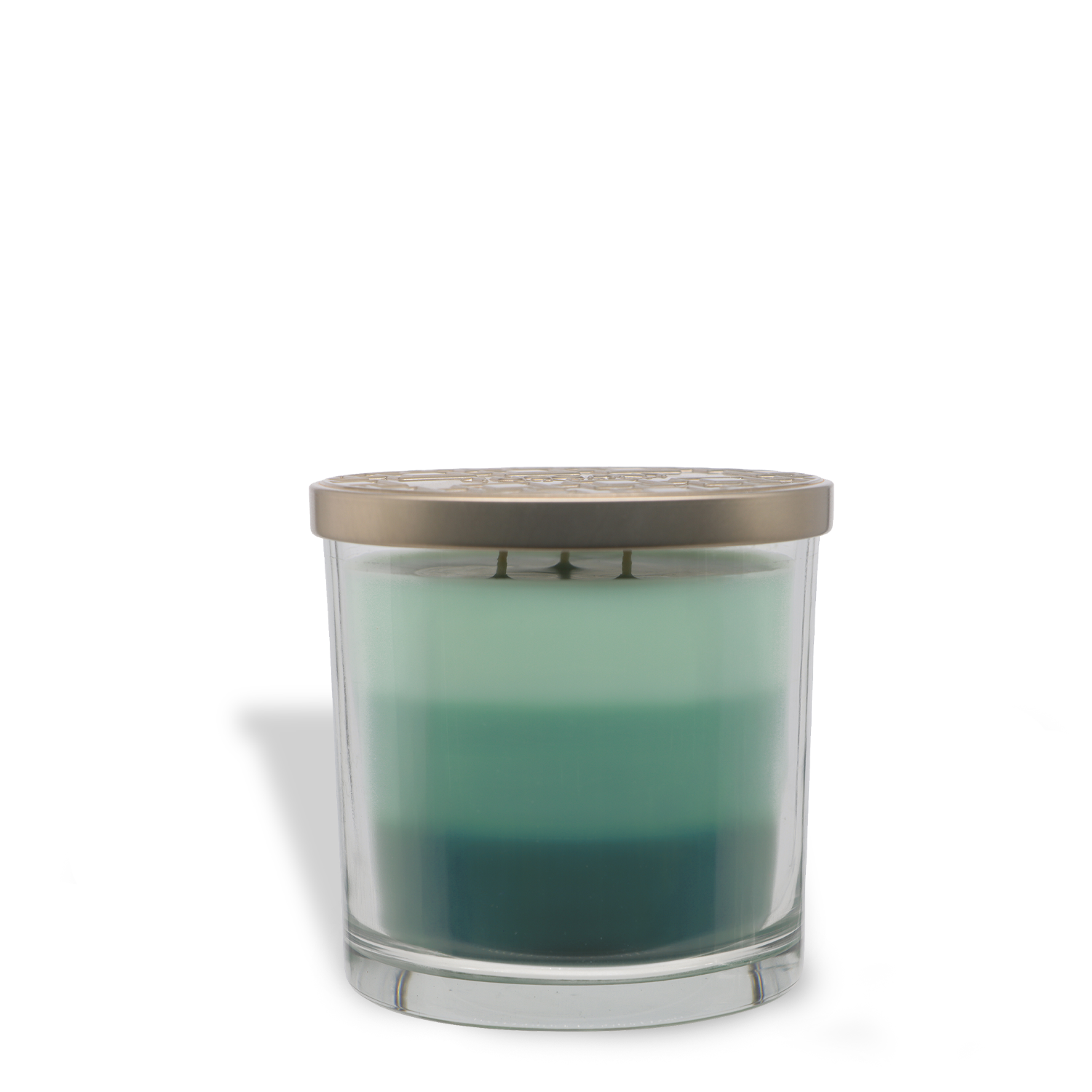 The Tuscany Candle® EVD Eucalyptus Rain Long-Lasting Scented Jar Candle (14 oz) features layered blue and green soy blend wax in a glass jar with three wicks and a metallic lid, displayed on a white background.