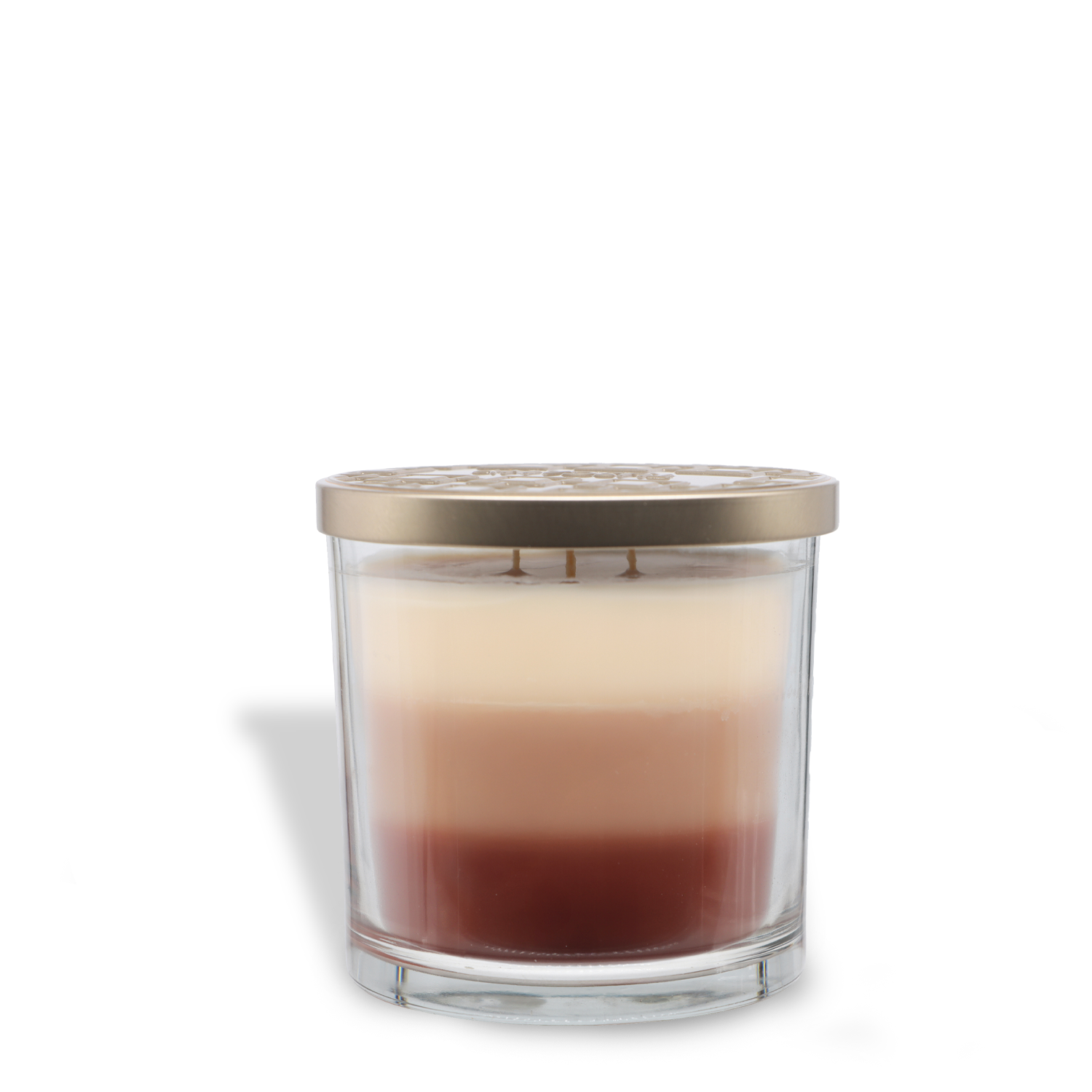 The Tuscany Candle® EVD Café Au Lait Long-Lasting Scented Jar Candle (14 oz) features triple-layered wax in varied hues, a metallic lid, and evokes a cozy coffee shop feel—ideal against a crisp white background.