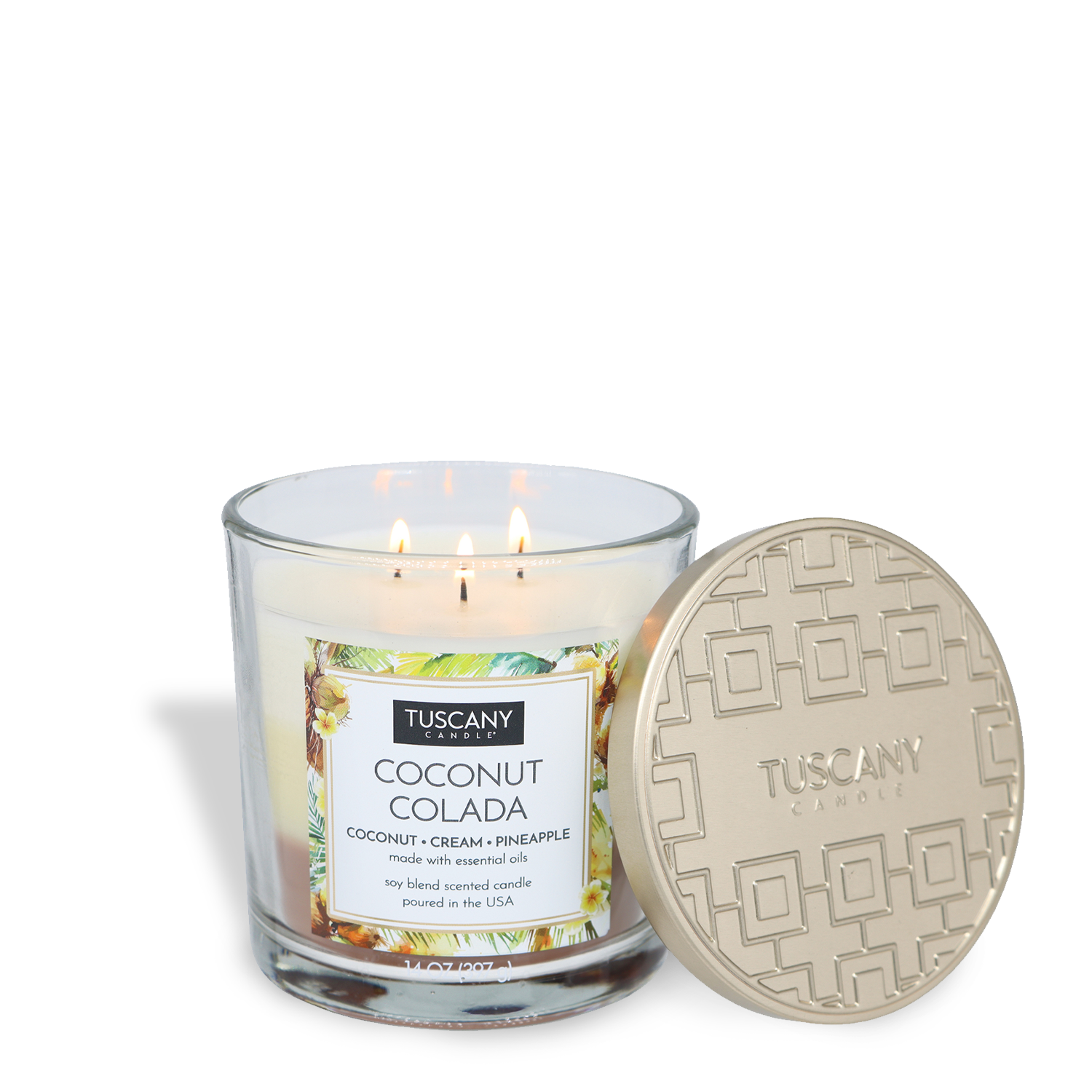 A lit Tuscany Candle® EVD Coconut Colada Long-Lasting Scented Jar Candle (14 oz) with a cream-colored patterned lid beside the glass jar.