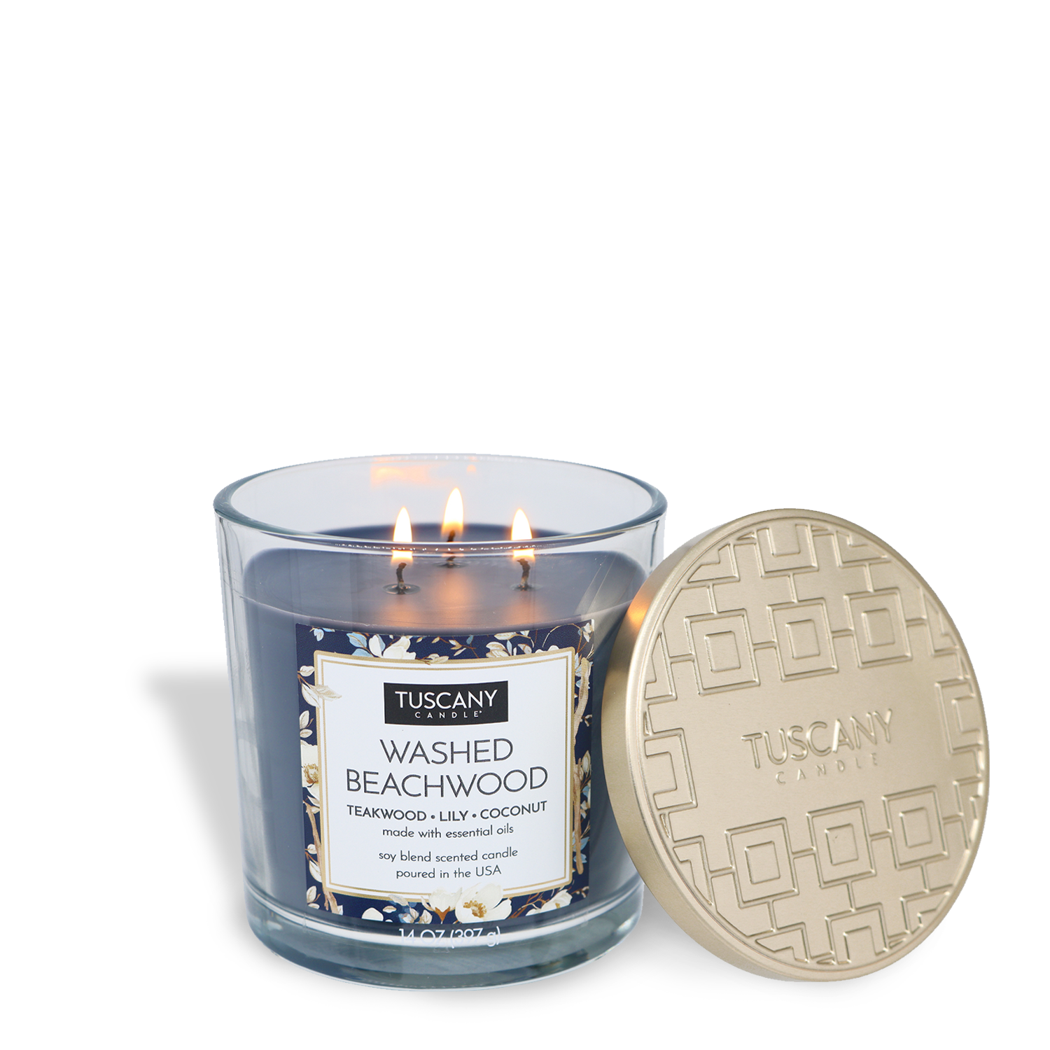 The Tuscany Candle® EVD Washed Beachwood Long-Lasting Scented Jar Candle (14 oz), with three wicks and a gold embossed lid, fills your home with a refreshing ocean scent.