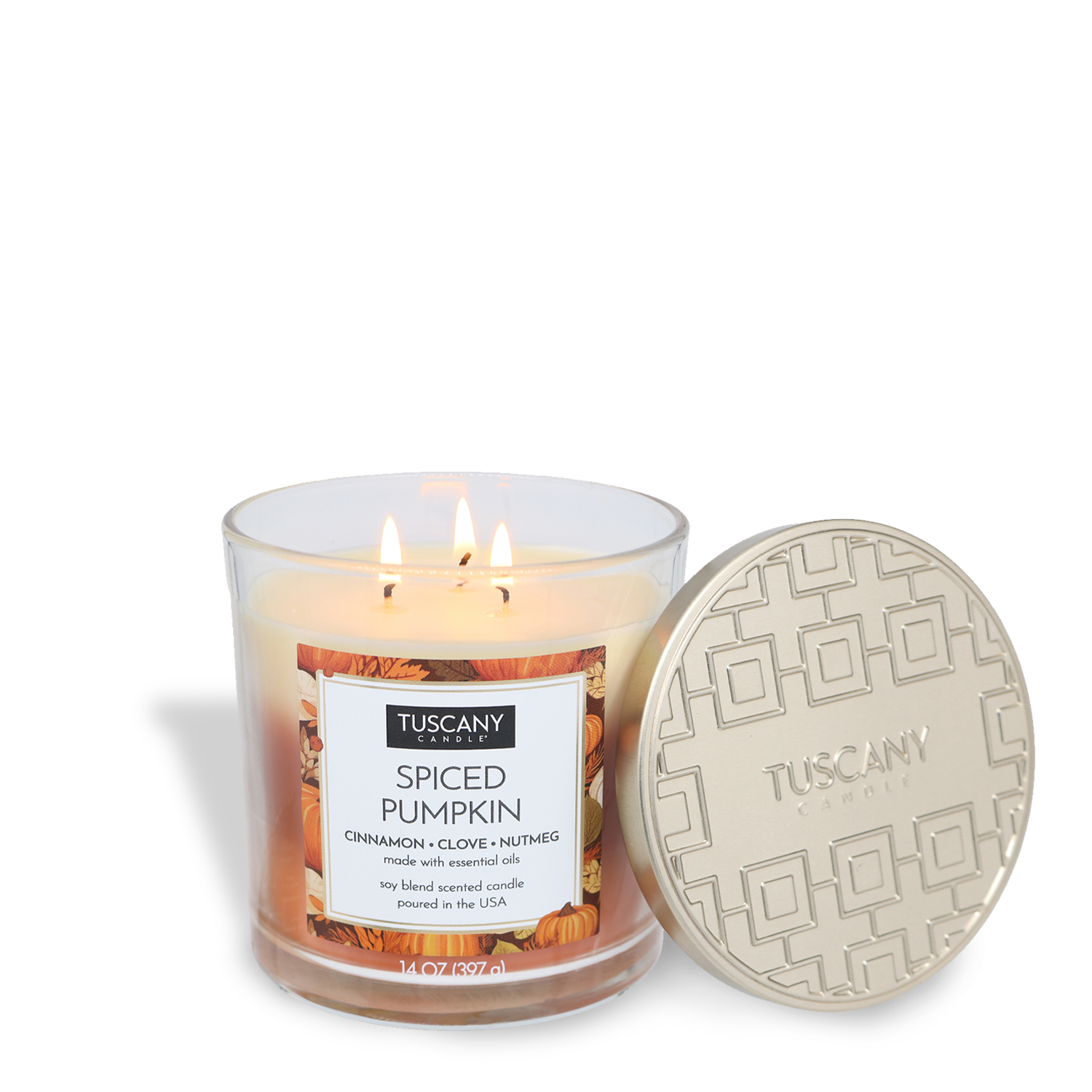 A lit Spiced Pumpkin Long-Lasting Scented Jar Candle (14 oz) by Tuscany Candle® EVD sits with its geometric-patterned lid beside it. The glass jar bears the "Spiced Pumpkin" label and has three flames—ideal for autumn ambiance.