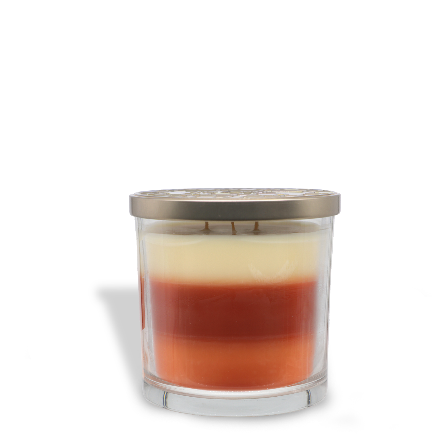 The Tuscany Candle® EVD Spiced Pumpkin Long-Lasting Scented Jar Candle (14 oz) features three horizontal layers of red, orange, and cream wax in a glass jar topped with a metal lid.