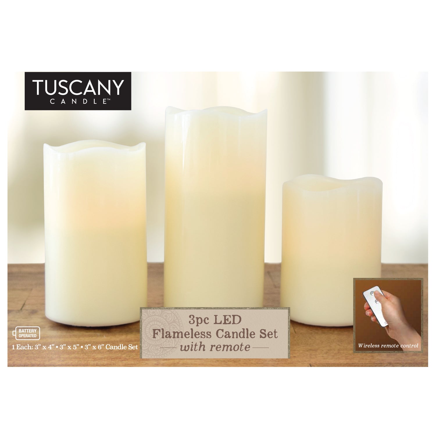 Tuscany 3-Piece White LED flameless candle set with remote control.