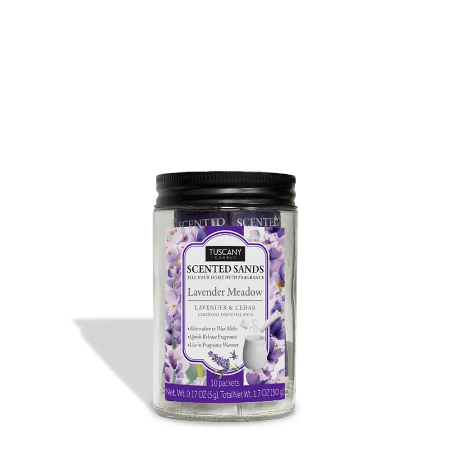 A box of Tuscany Candle® EVD Lavender Meadow Scented Sands (10 packets), featuring a floral label with purple accents and product details.