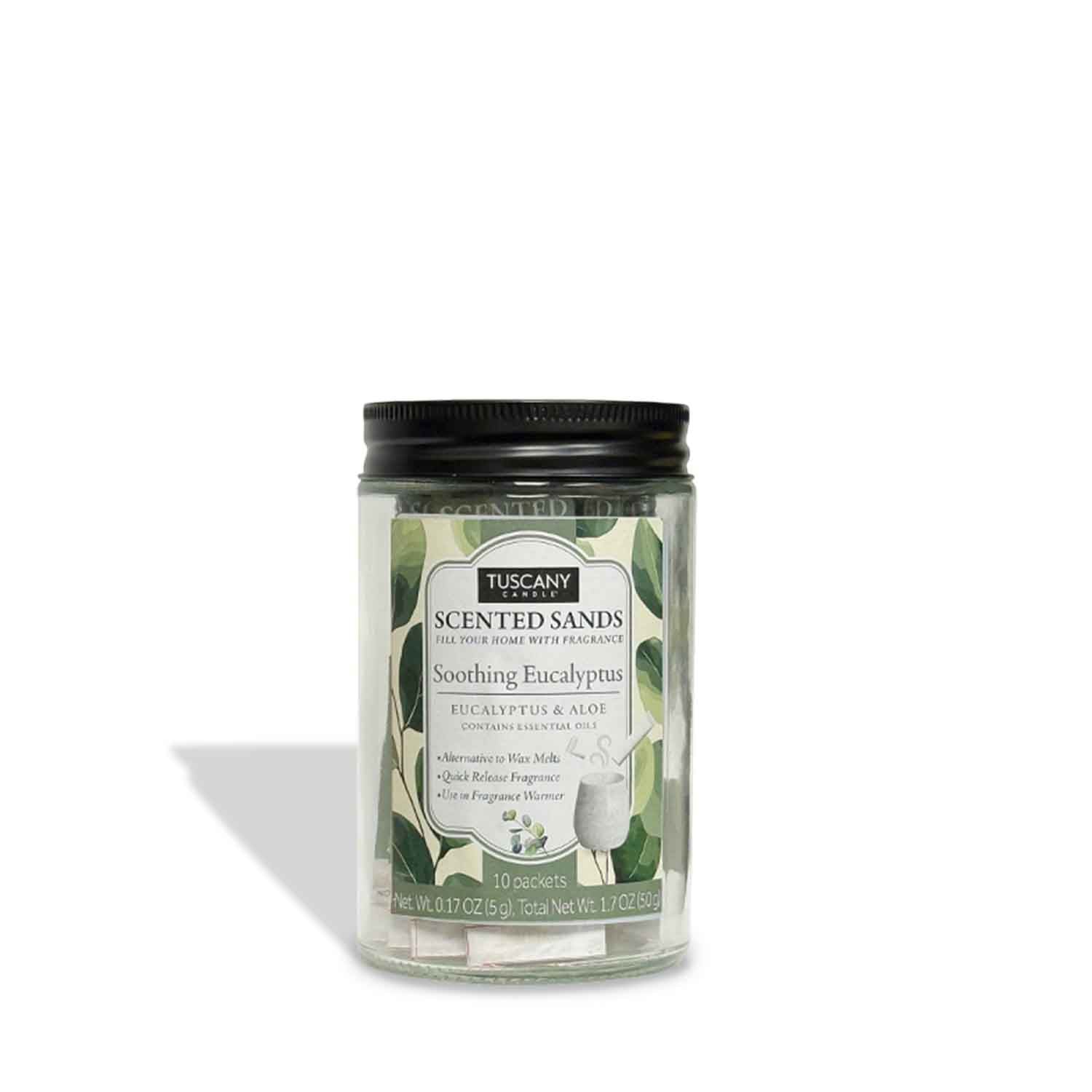 A jar of Tuscany Candle® EVD Soothing Eucalyptus Scented Sands (10 packets) features a black lid and a label with a green leaf design.