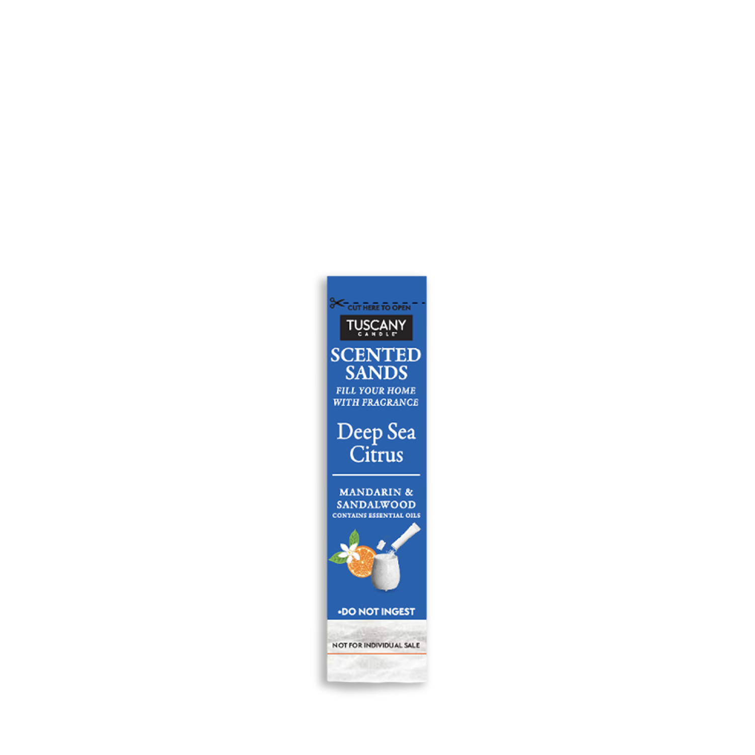 A blue package of Tuscany Candle® EVD Deep Sea Citrus Scented Sands (10 packets), featuring mandarin and sandalwood oil, with a citrus fruit illustration and a scent diffuser stick.
