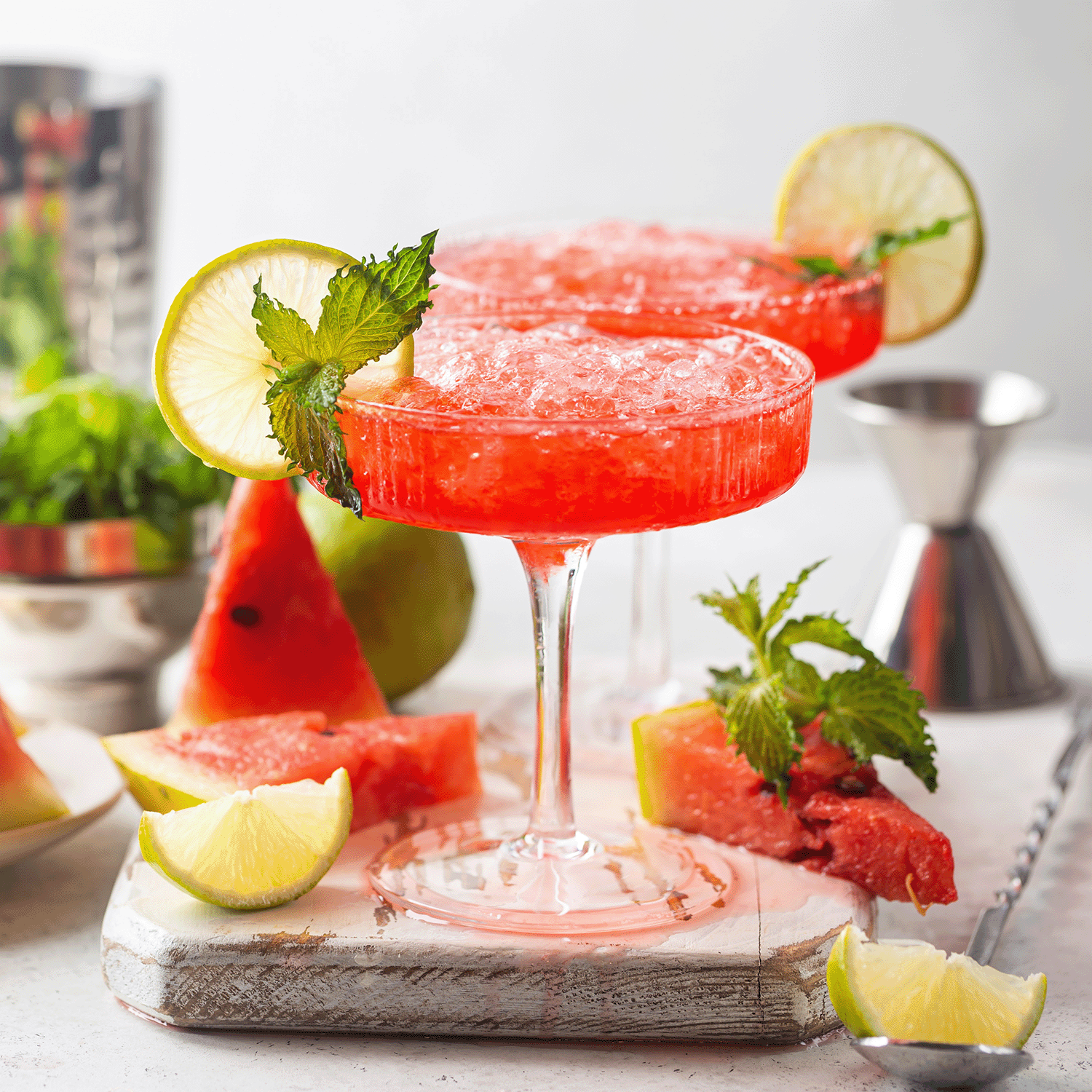 Two glasses of Melon Berry Bellini cocktails with lime and mint rest amid fruit slices—perfectly paired with Tuscany Candle® SEASONAL’s Melon Berry Bellini: Watermelon Scented Summer Candle (12 oz) from the Island Glam Collection on a bright white surface.