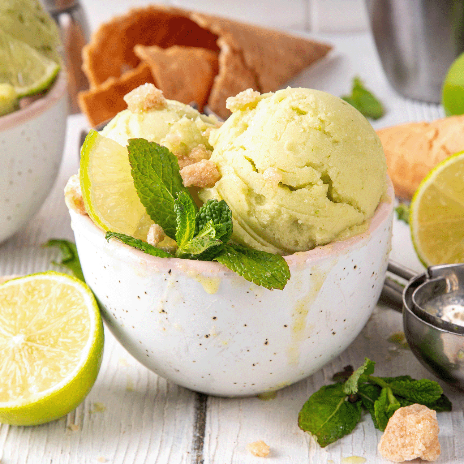 A white bowl inspired by Frosted Limeade: Lemon & Lime Scented Candle (12 oz) from Tuscany Candle® SEASONAL, garnished with lime slices, mint leaves, and cookie crumbles, evokes the Gourmet Sorbet Collection’s fresh aroma.