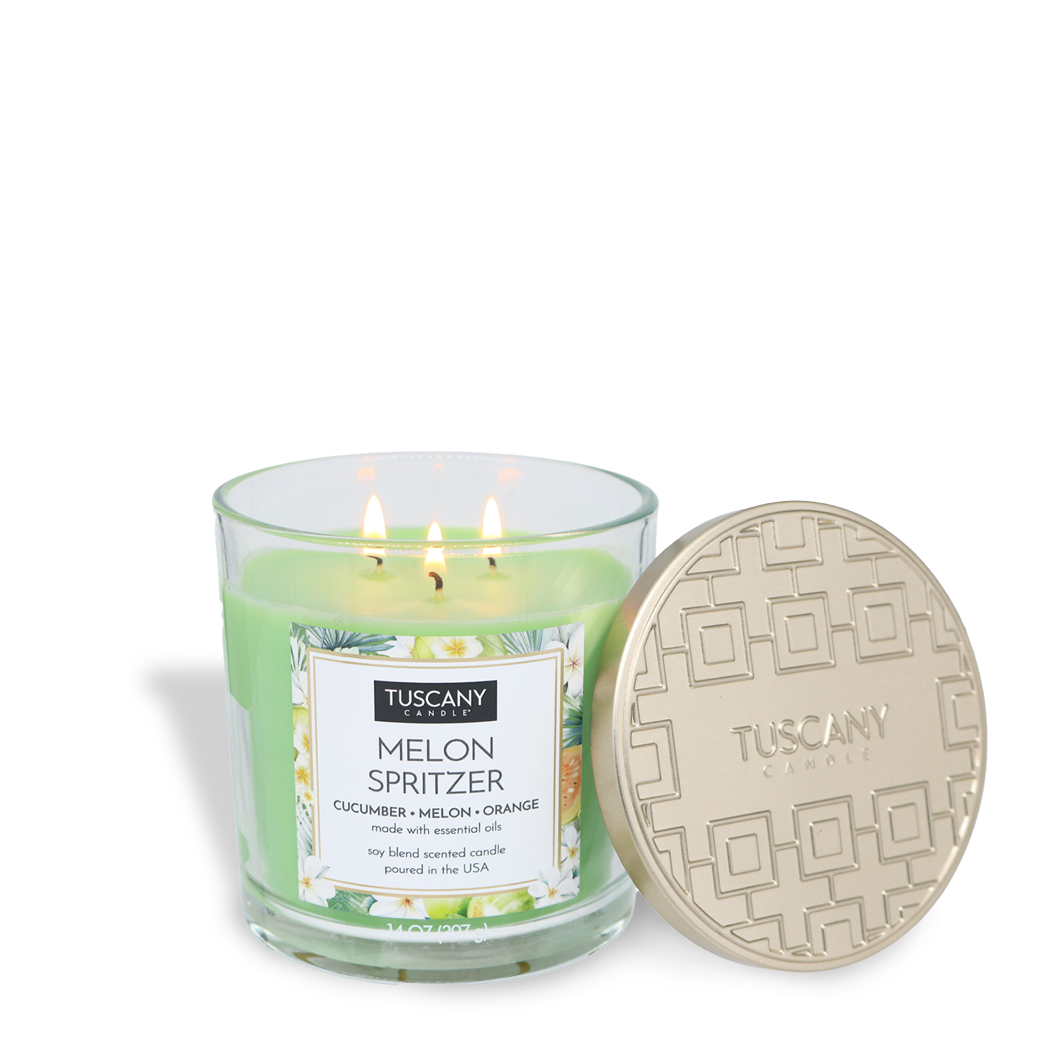 A lit Tuscany Candle® EVD Melon Spritzer Long-Lasting Scented Jar Candle (14 oz) sits by its patterned beige lid, releasing uplifting notes of cucumber, melon, and orange.