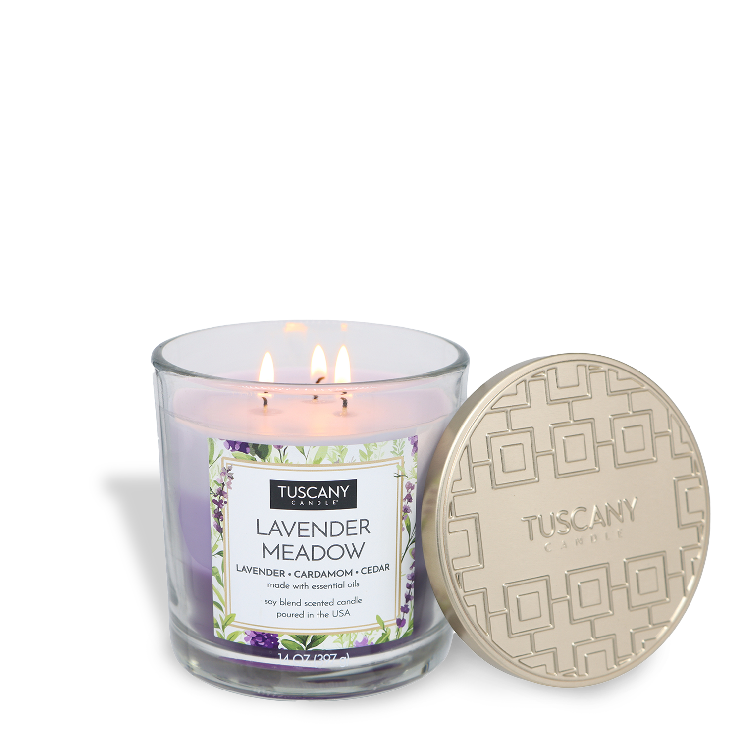 A lit Tuscany Candle® EVD Lavender Meadow Long-Lasting Scented Jar Candle (14 oz) sits in a glass jar with a beige decorative lid beside it, filling the air with a calming lavender fragrance.