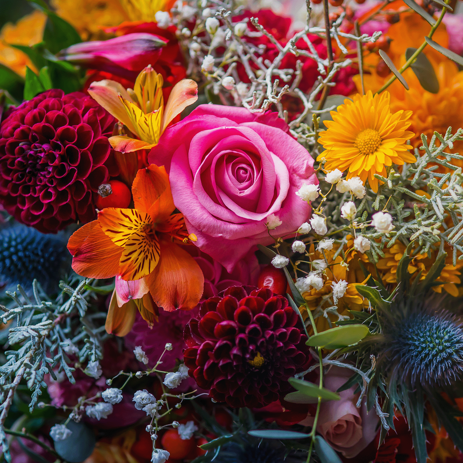 A vibrant bouquet with pink roses, red dahlias, orange lilies, yellow daisies, blue thistles, greenery, and white fillers pairs perfectly with Tuscany Candle® SEASONAL Spiced Palo Santo: Patchouli & Clove Scented Fall Candle (14 oz).