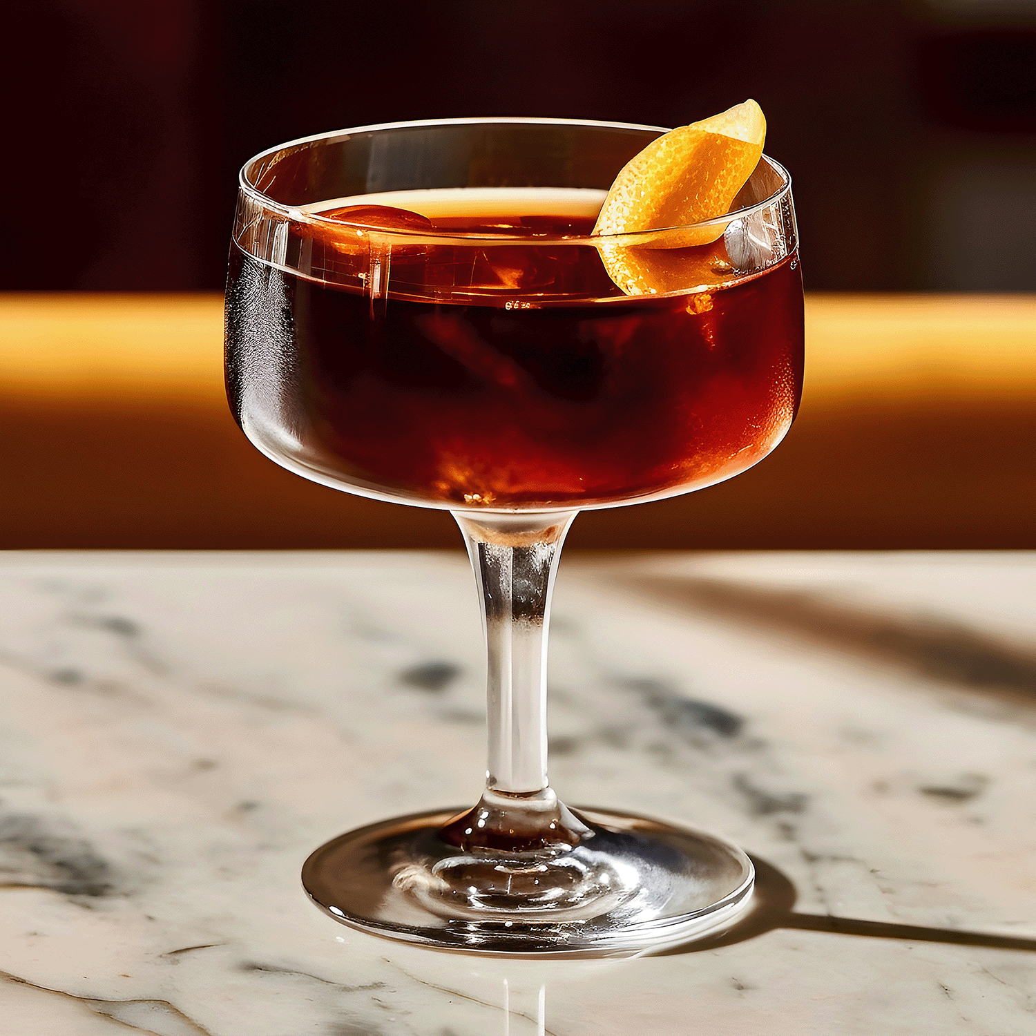 A coupe glass with a dark brown bourbon cocktail and lemon twist rests on marble, as the cozy aroma of Tuscany Candle® SEASONAL Chestnut Bourbon: Maple Syrup & Toasted Chestnut Scented Fall Wax Melt (2.5 oz) fills the air.
