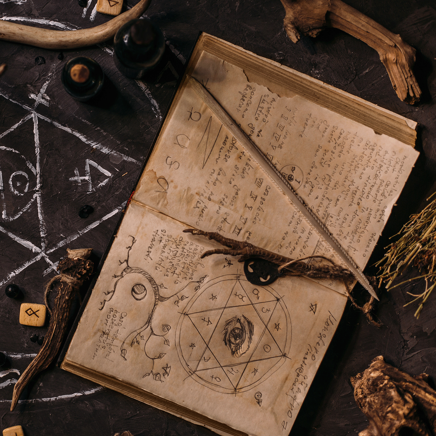 The Saffron Spell: Chambord & Frankincense Candle (13 oz) by Tuscany Candle® SEASONAL sits amid an open book with mystical notes, herbs, runes, bottles, a wand, and chalk-drawn occult markings—perfect for your gothic spell collection.