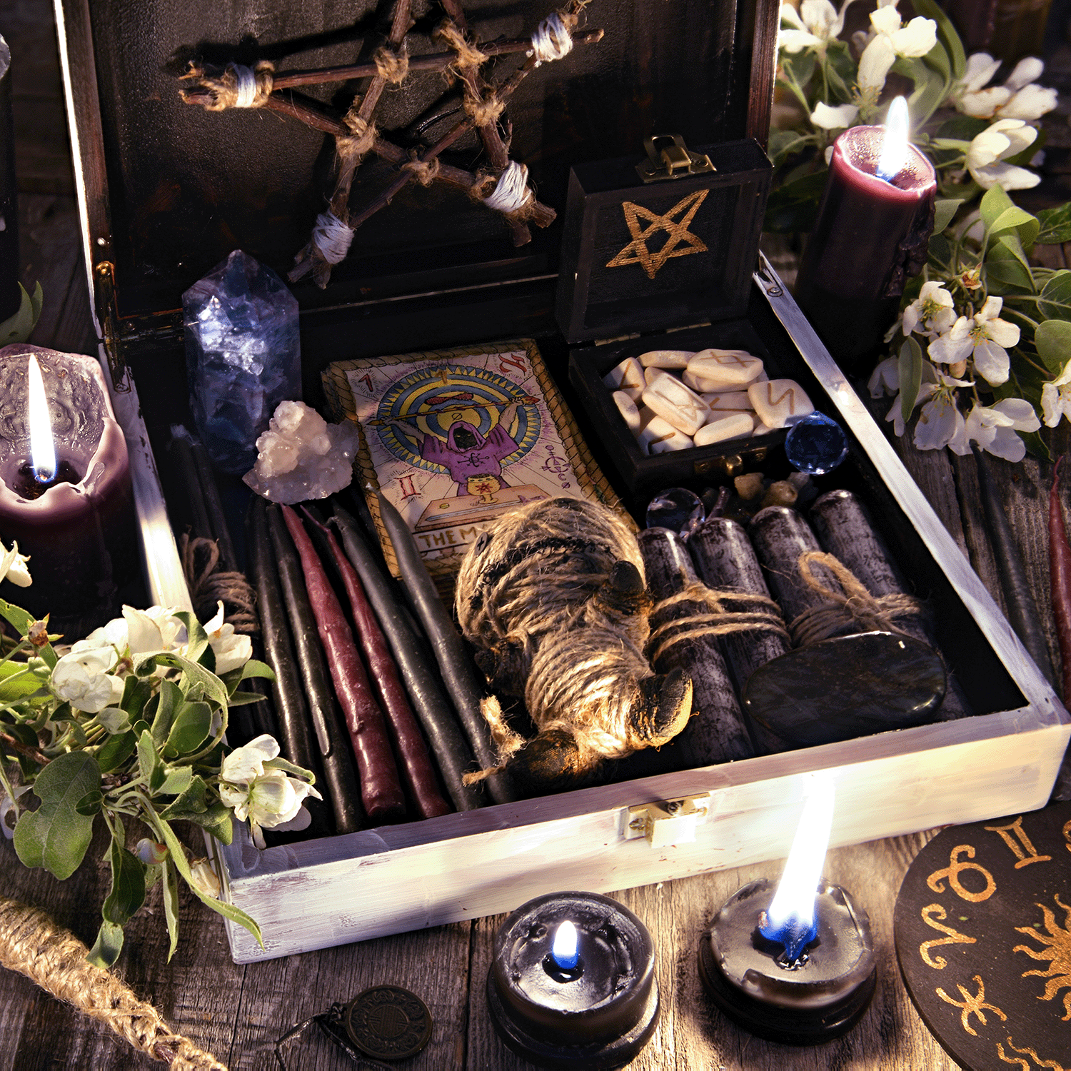 A Gothic Spell Collection wooden box holds tarot cards, runes, potion vials, a pentagram, twine, crystals, and the Voodoo Garden: Moonflower & Haunting Sage Scented Halloween Candle (13 oz) by Tuscany Candle® SEASONAL.