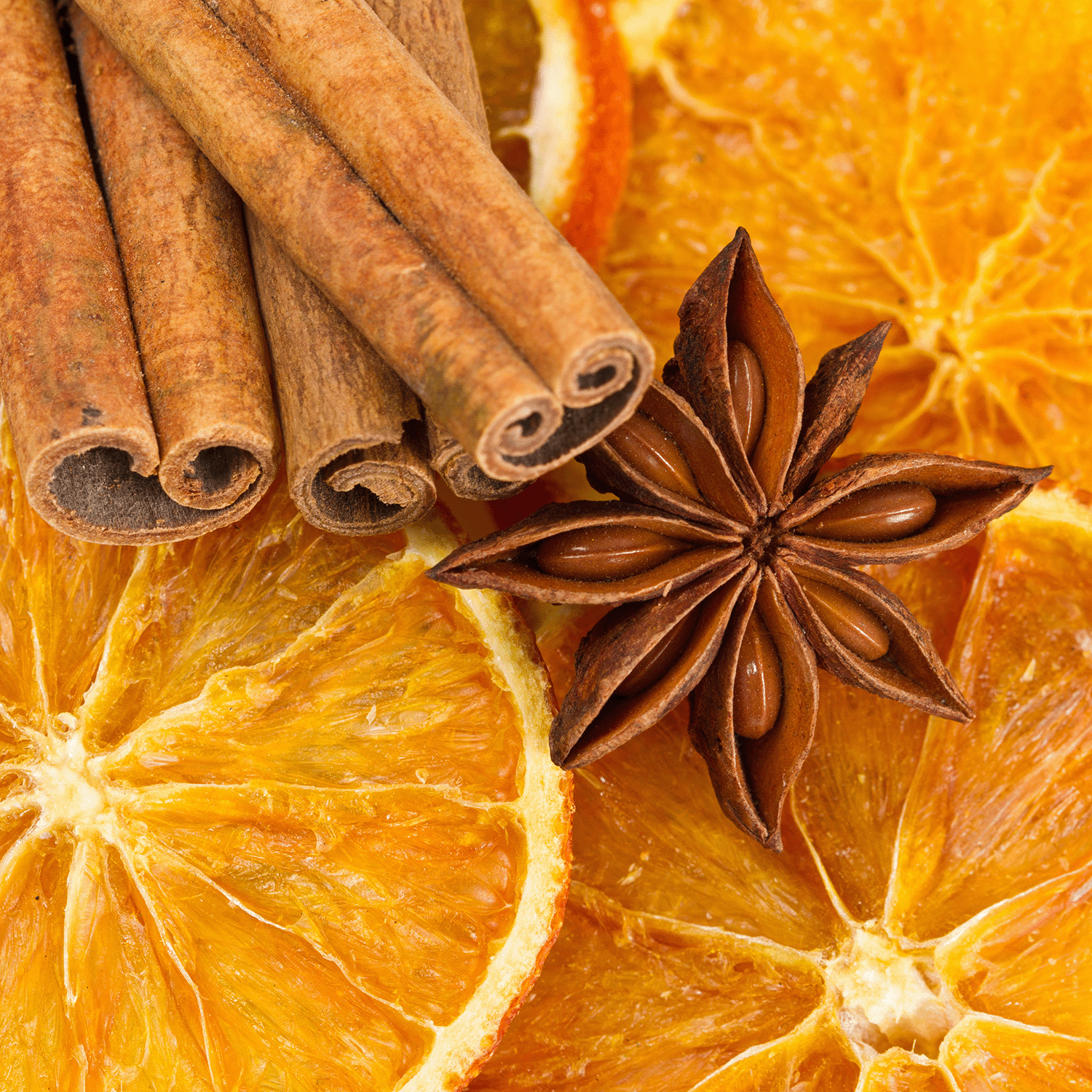 A close-up of dried orange slices, cinnamon sticks, and star anise captures the cozy essence of Tuscany Candle® SEASONAL's Snake Fangs: Spiced Orange & Golden Hay Halloween Candle (16 oz) from the Apothecary Collection—ideal for autumn vibes.