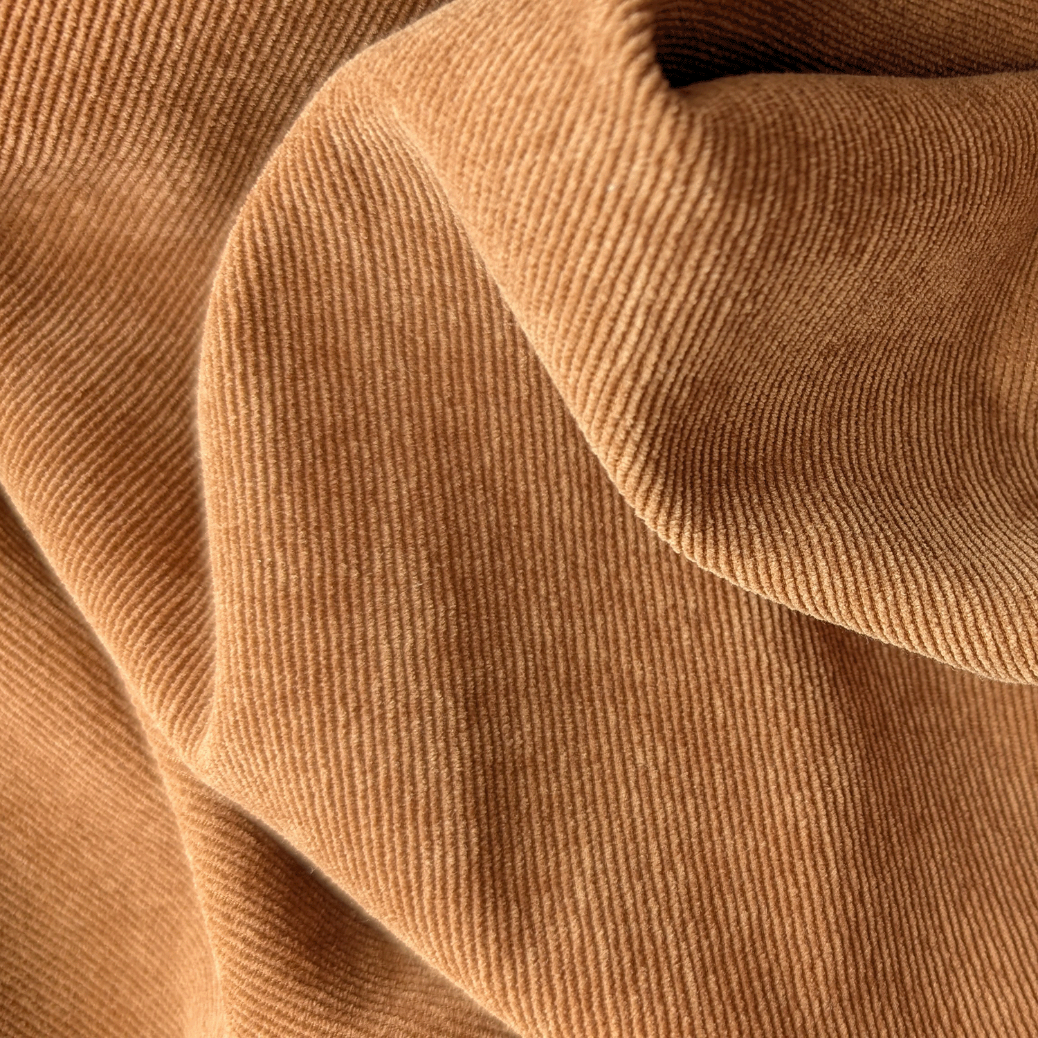 Close-up of tan corduroy fabric with fine vertical ridges and soft folds, perfect for cozy autumn decor beside the Tuscany Candle® SEASONAL Charmed Pumpkin: Black Cardamom & Pumpkin Scented Halloween Candle (12 oz) – Spooky Skull Collection.