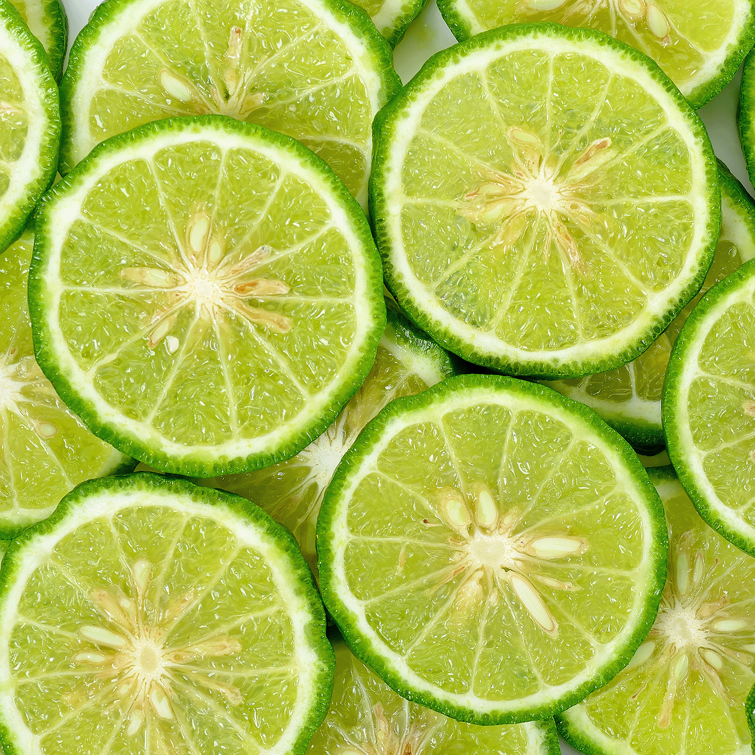 Close-up of green lime slices, highlighting rind and pulp textures—perfect inspiration for Tuscany Candle® SEASONAL's White Christmas: Fresh Snow & Soft Woods Scented Holiday Candle (14 oz) from the Traditions Collection.