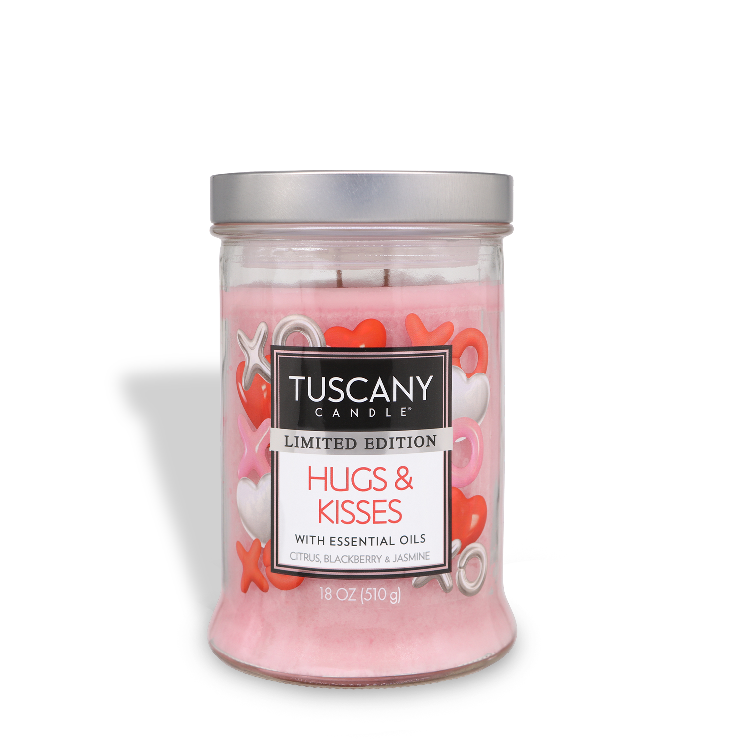 Tuscany Candle® SEASONAL Hugs & Kisses: Lemon & Jasmine Scented Valentine's Candle (18 oz) features a pink jar with decorative hearts and a silver lid—a perfect limited edition gift for the holiday.