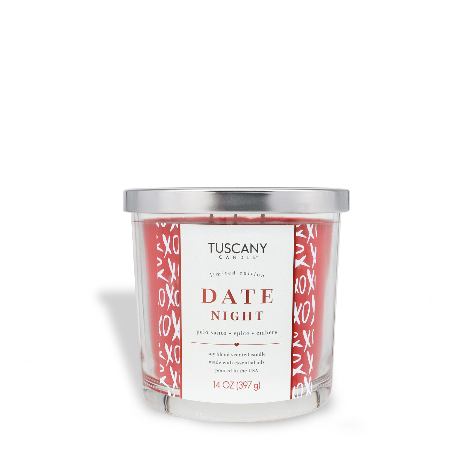 The Tuscany Candle® SEASONAL Date Night: Palo Santo Scented Valentine's Candle (14 oz) features a glass jar with a red XOXO design, silver lid, and a blend of palo santo, spice, and embers scents.