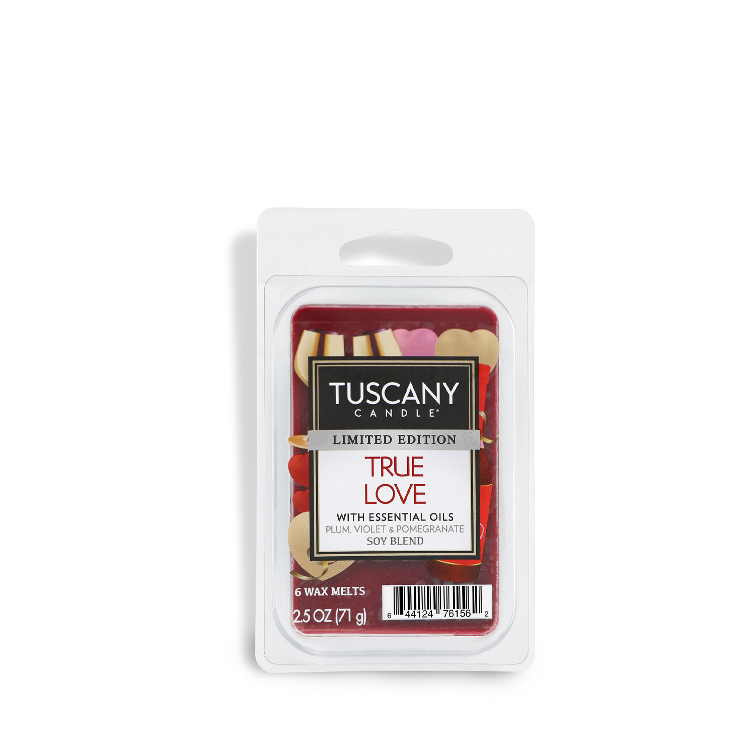 A 2.5 oz Tuscany Candle® SEASONAL "True Love: Plum & Pomegranate" Valentine's wax melt, featuring essential oils, in a clear plastic clamshell container.