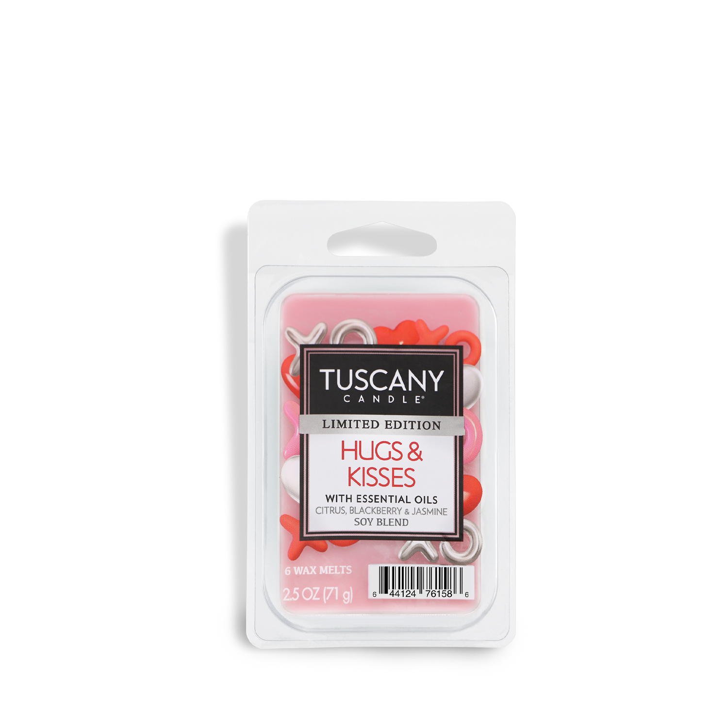 Tuscany Candle® SEASONAL Hugs & Kisses: Lemon & Jasmine Scented Valentine's Wax Melt (2.5 oz) features heart-shaped red, pink, and white pieces. It's a limited edition with essential oils.