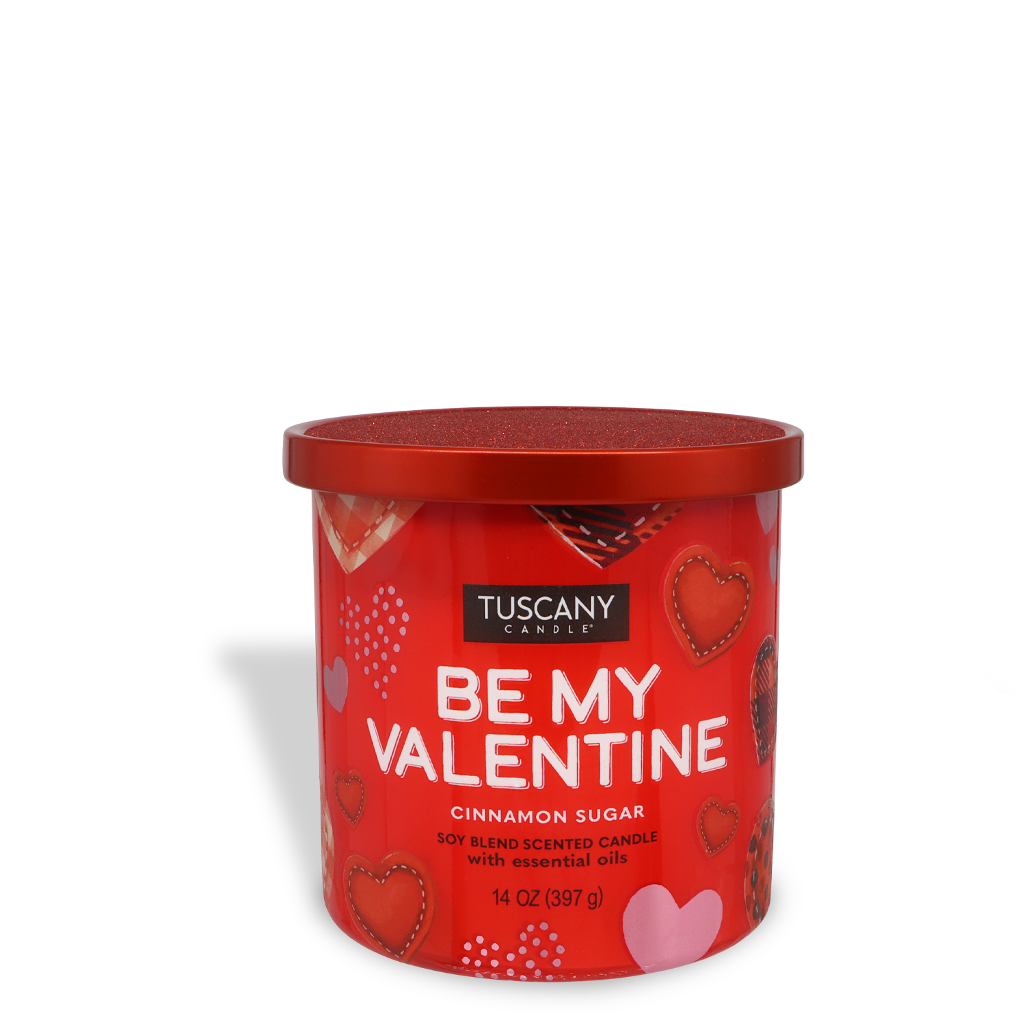 The Tuscany Candle® SEASONAL "Be My Valentine" is a 14 oz red candle with Red Hot Cinnamon scent, featuring romantic heart and chocolate designs.
