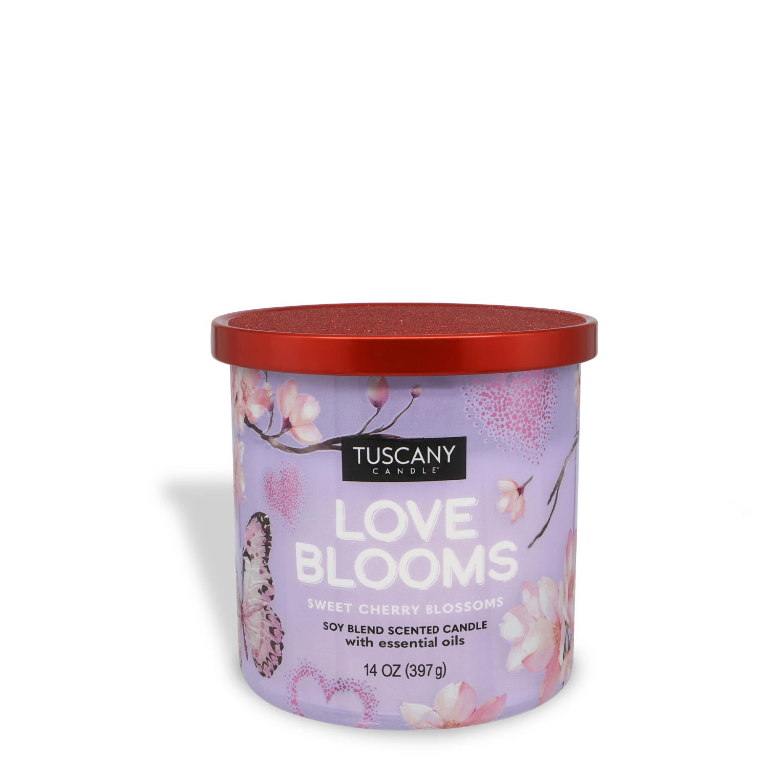 The Tuscany Candle® SEASONAL "Love Blooms: Cherry Blossom Scented Valentine's Candle" (14 oz) comes in a lavender flower and butterfly-decorated container with a red lid.