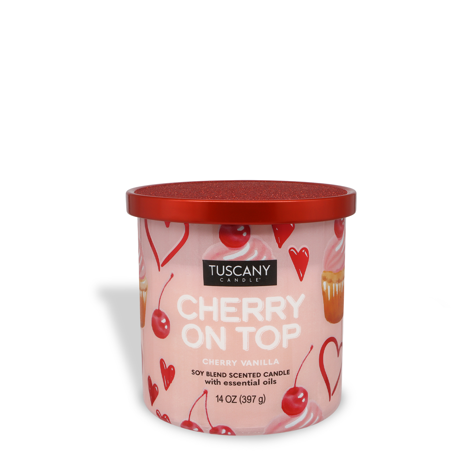 The Tuscany Candle® SEASONAL "Cherry On Top: Cherry Vanilla Scented Valentine's Candle" (14 oz) features a red lid and a design with cherries, hearts, and cupcakes.