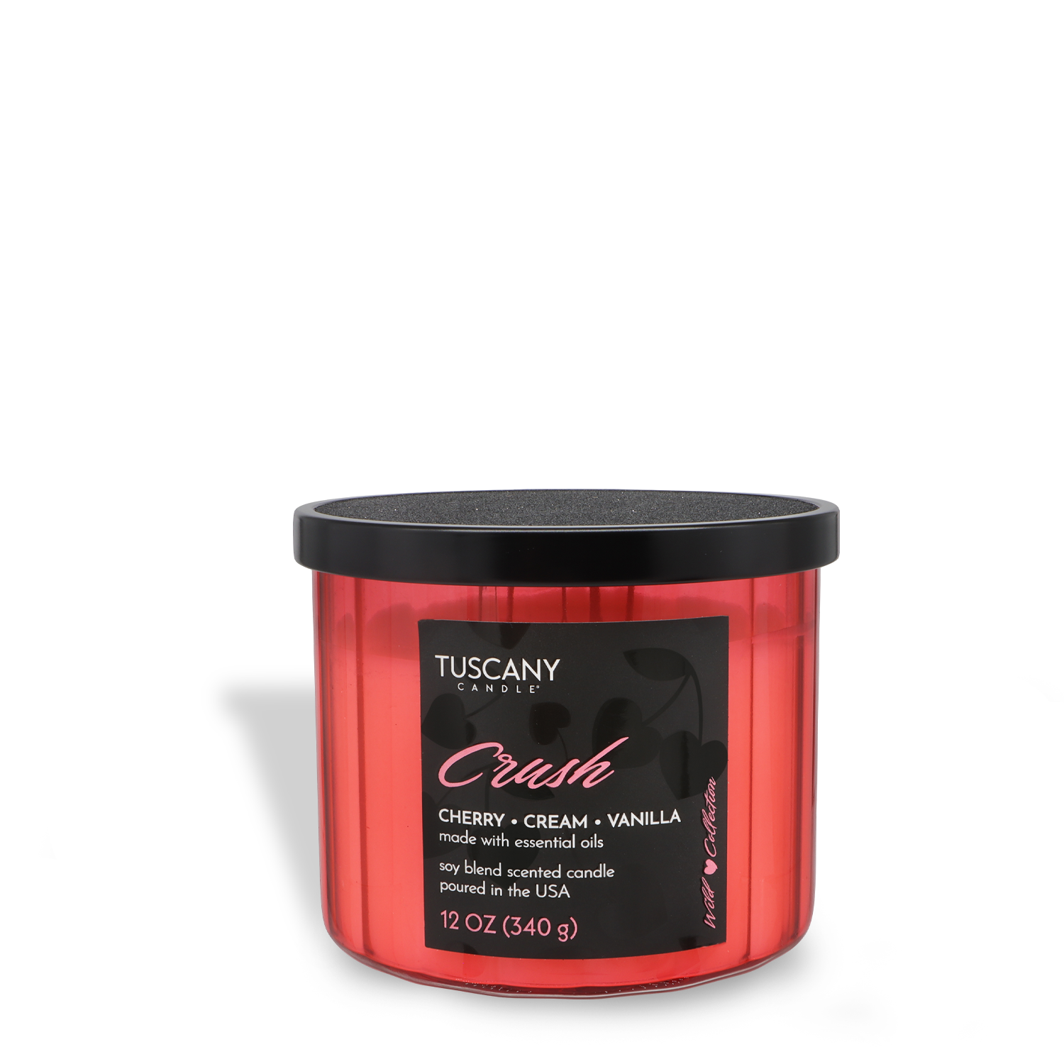A 12 oz Tuscany Candle® SEASONAL "Crush: Cherries & Cream Scented Valentine's Candle," red with cherry, cream, and vanilla scents, features a black lid and a product label on the front.
