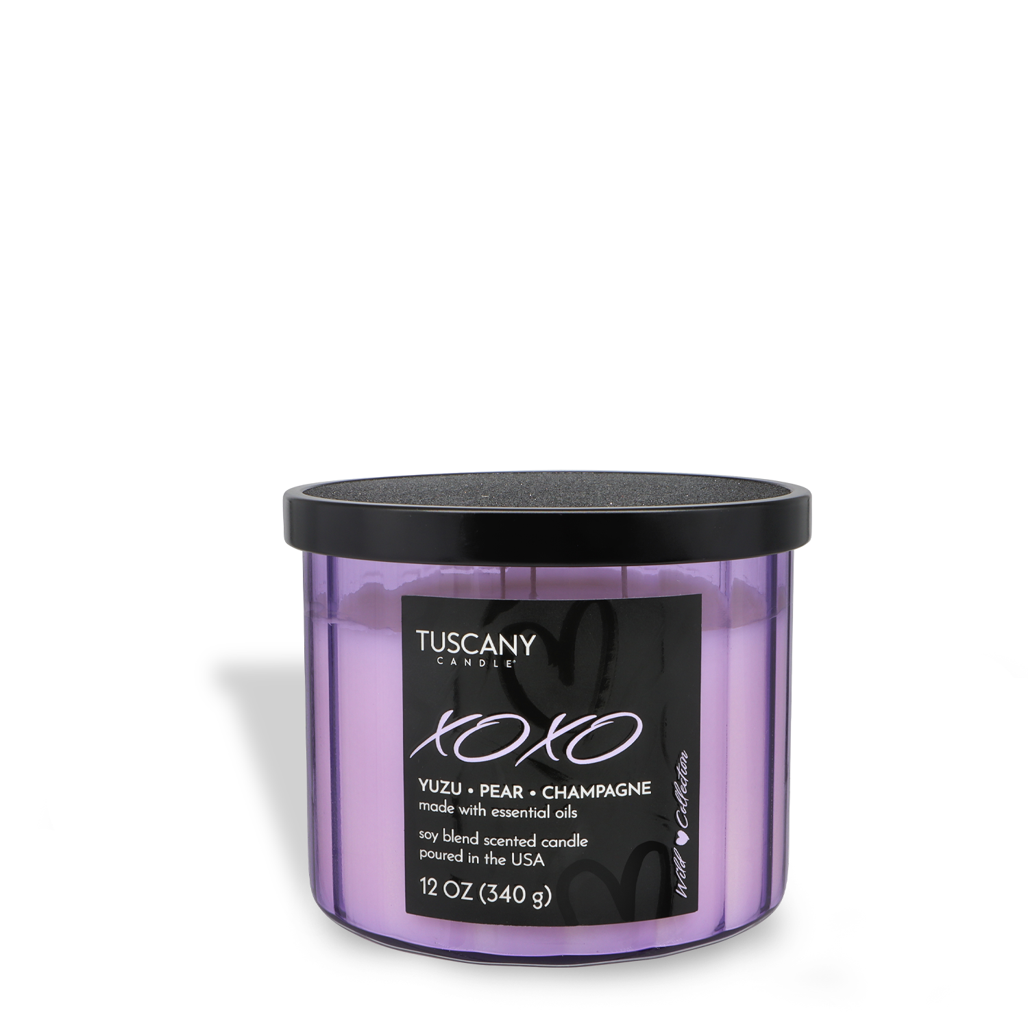 The Tuscany Candle® SEASONAL XOXO: Yuzu & Champagne Scented Valentine's Candle (12 oz) is lavender-colored with a black lid, featuring notes of yuzu, pear, and champagne.