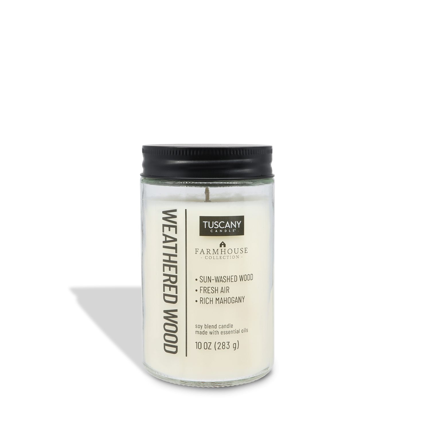 The Tuscany Candle® EVD Weathered Wood Scented Jar Candle (10 oz) from the Farmhouse Collection features sun-washed wood, fresh air, and rich mahogany notes for a warm, rustic scent. Comes in a glass jar with black lid.