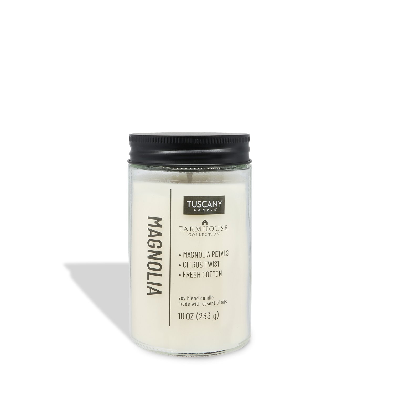 The Magnolia Scented Jar Candle (10 oz) from Tuscany Candle® EVD’s Farmhouse Collection features magnolia petals, citrus twist, and fresh cotton scent notes in a classic glass jar.