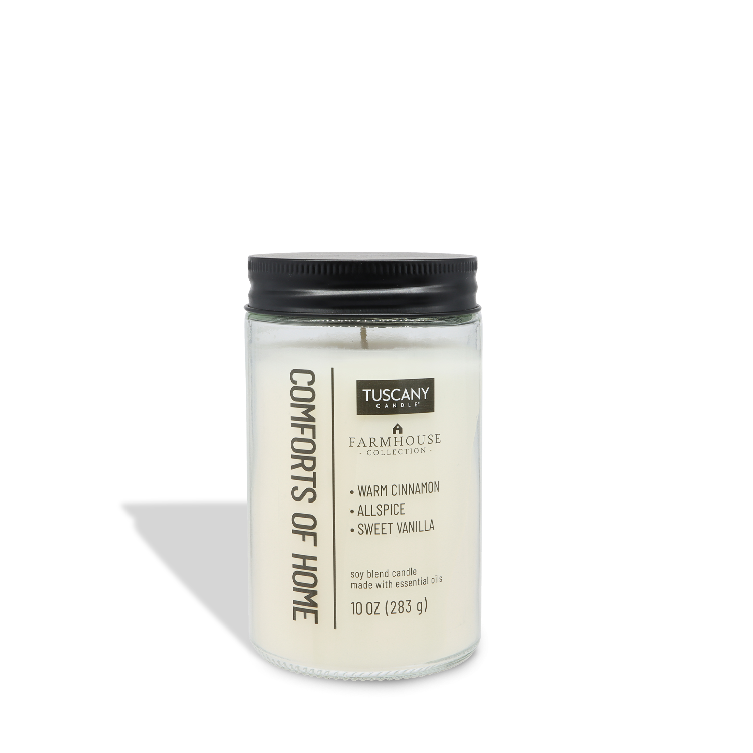 The Tuscany Candle® EVD Comforts of Home Scented Jar Candle (10 oz) from the Farmhouse Collection features cinnamon vanilla notes, warm allspice, and sweet vanilla.