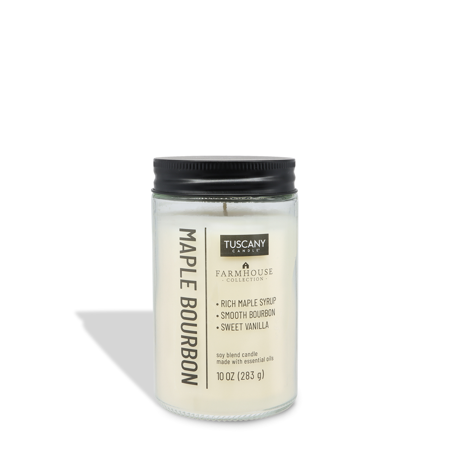The Tuscany Candle® EVD Maple Bourbon Scented Jar Candle (10 oz) from the Farmhouse Collection features maple syrup, bourbon, and vanilla notes in a clear glass jar with black lid—ideal for adding rustic warmth to cozy spaces.