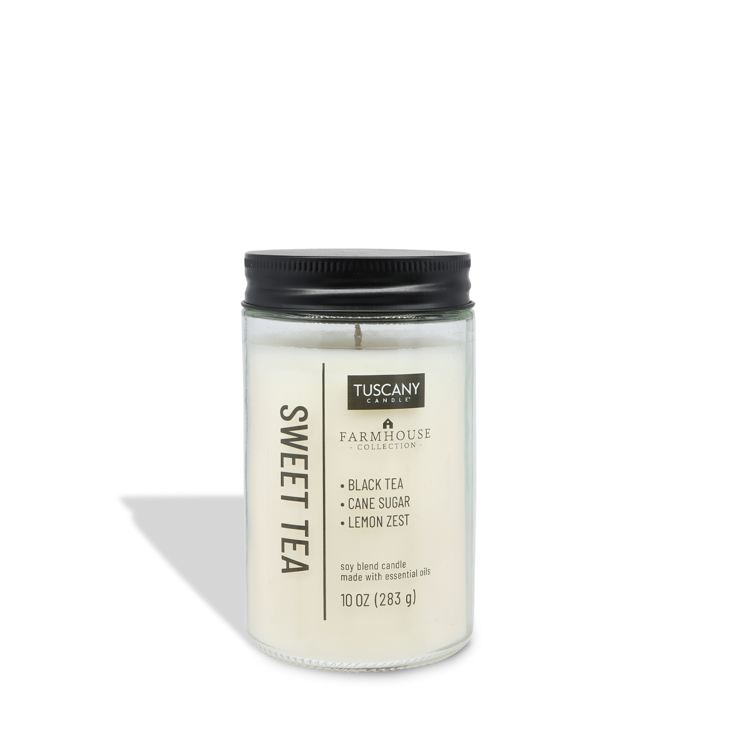 The Sweet Tea Scented Jar Candle (10 oz) from Tuscany Candle® EVD's Farmhouse Collection features black tea fragrance with cane sugar and lemon zest notes for a cozy farmhouse feel.