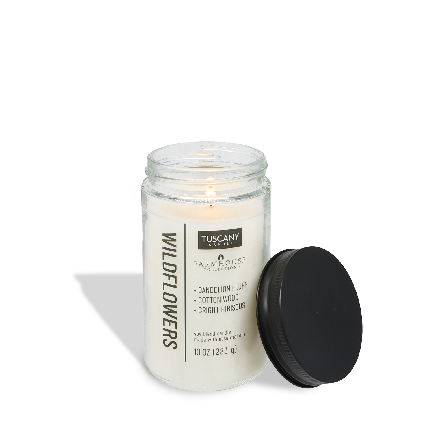 The Wildflowers Scented Jar Candle (10 oz) from Tuscany Candle® EVD’s Farmhouse Collection fills your space with dandelion fluff, cotton wood, and hibiscus. This elegant soy blend candle in a glass jar adds an inviting touch to farmhouse décor.