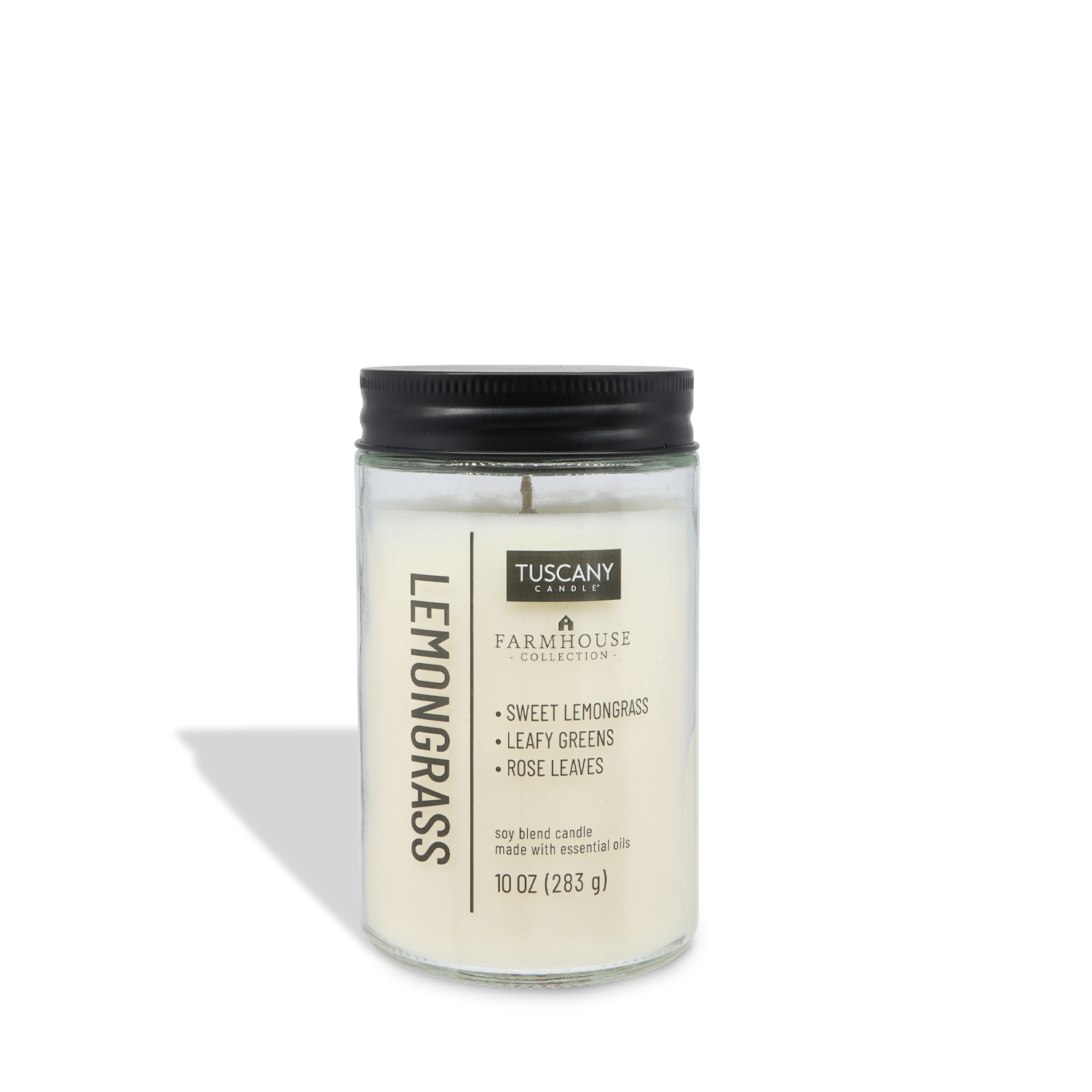 The Tuscany Candle® EVD Lemongrass Scented Jar Candle (10 oz) from the Farmhouse Collection features a black lid and offers sweet lemongrass, leafy greens, and rose leaves notes.