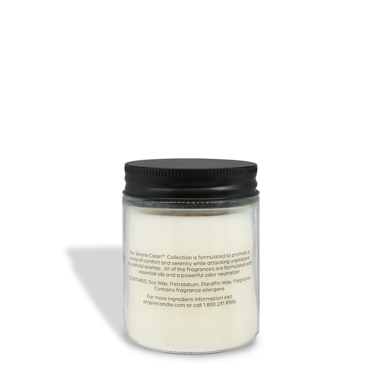 The Tuscany Candle® Everyday Eucalyptus + Sage Scented Odor Neutralizing Candle (7 oz) from the Serene Clean Collection comes in a clear glass jar with a black lid and features ingredient details on the back label.