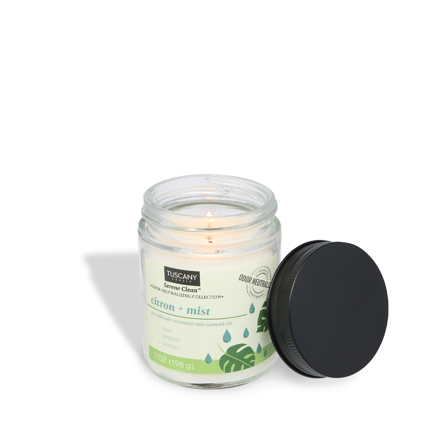 A lit Tuscany Candle® Everyday Citron + Mist Scented Odor Neutralizing Candle (7 oz) from the Serene Clean Collection sits open with its black lid beside it on a white background.