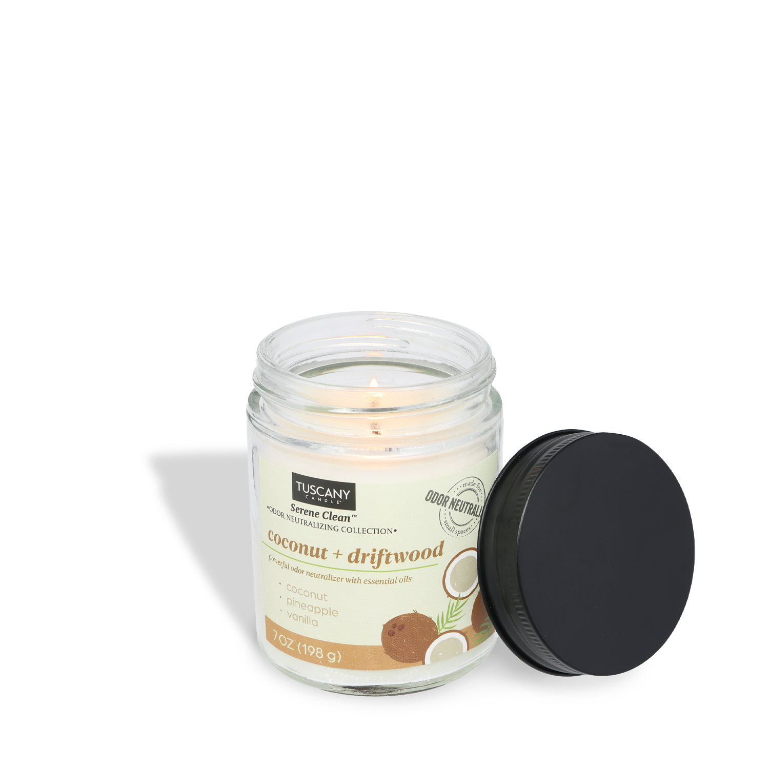 The Tuscany Candle® Everyday Coconut + Driftwood Scented Odor Neutralizing Candle (7 oz) from the Serene Clean Collection fills any room with a relaxing, tropical aroma of coconut and driftwood.