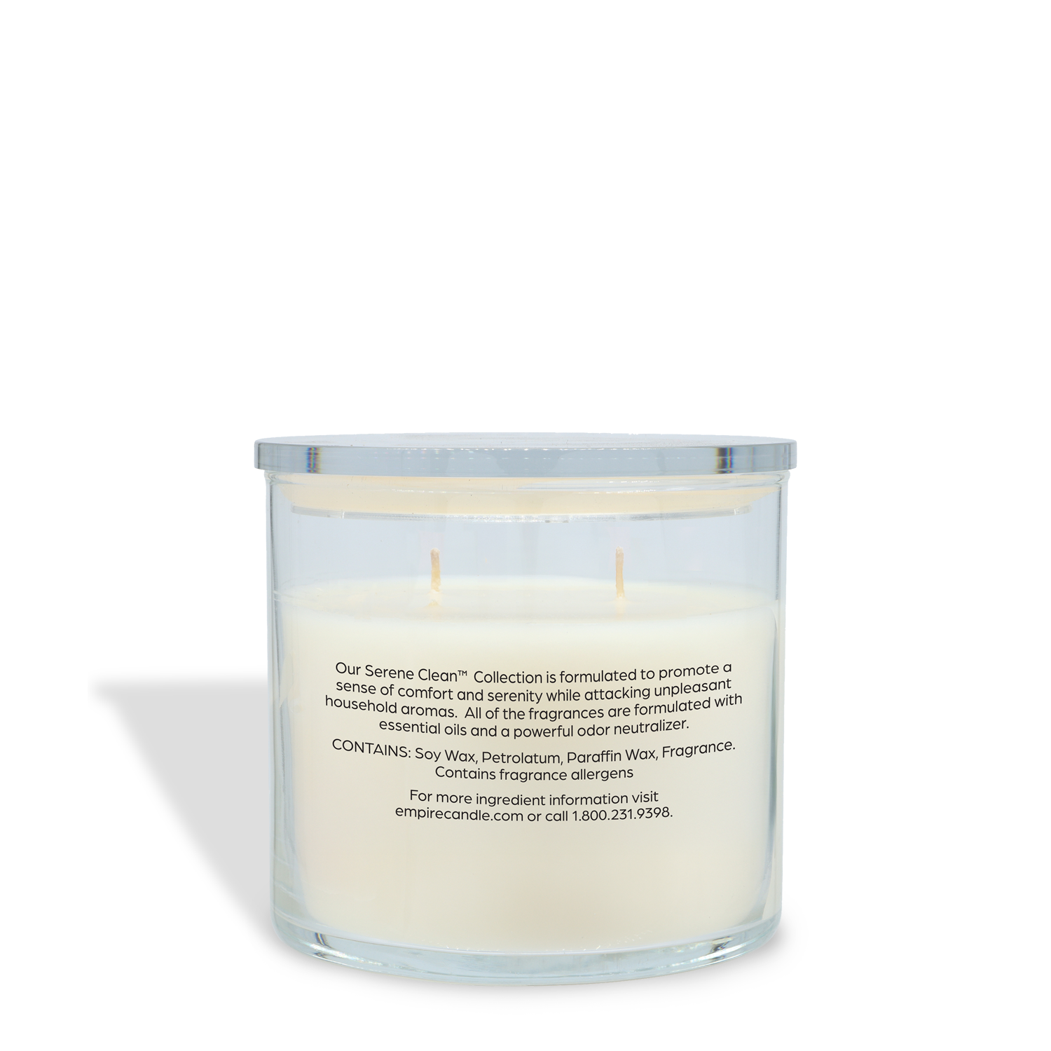 The Tuscany Candle® Everyday Eucalyptus + Sage Scented Odor Neutralizing Candle (12 oz) features two wicks in a clear glass jar. The label lists fragrance, ingredients, and safety info for the Serene Clean Collection.