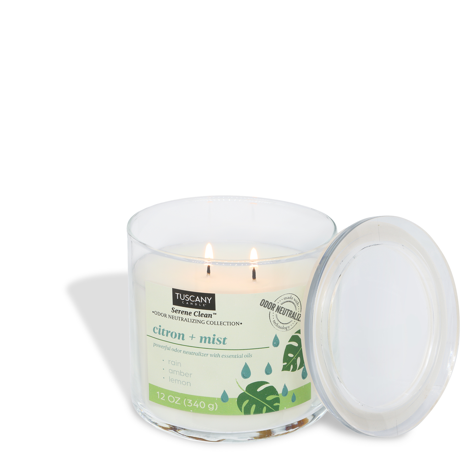 A Tuscany Candle® Everyday Citron + Mist Scented Odor Neutralizing Candle (12 oz) from the Serene Clean Collection, featuring two lit wicks in a glass jar with a clear lid set aside.
