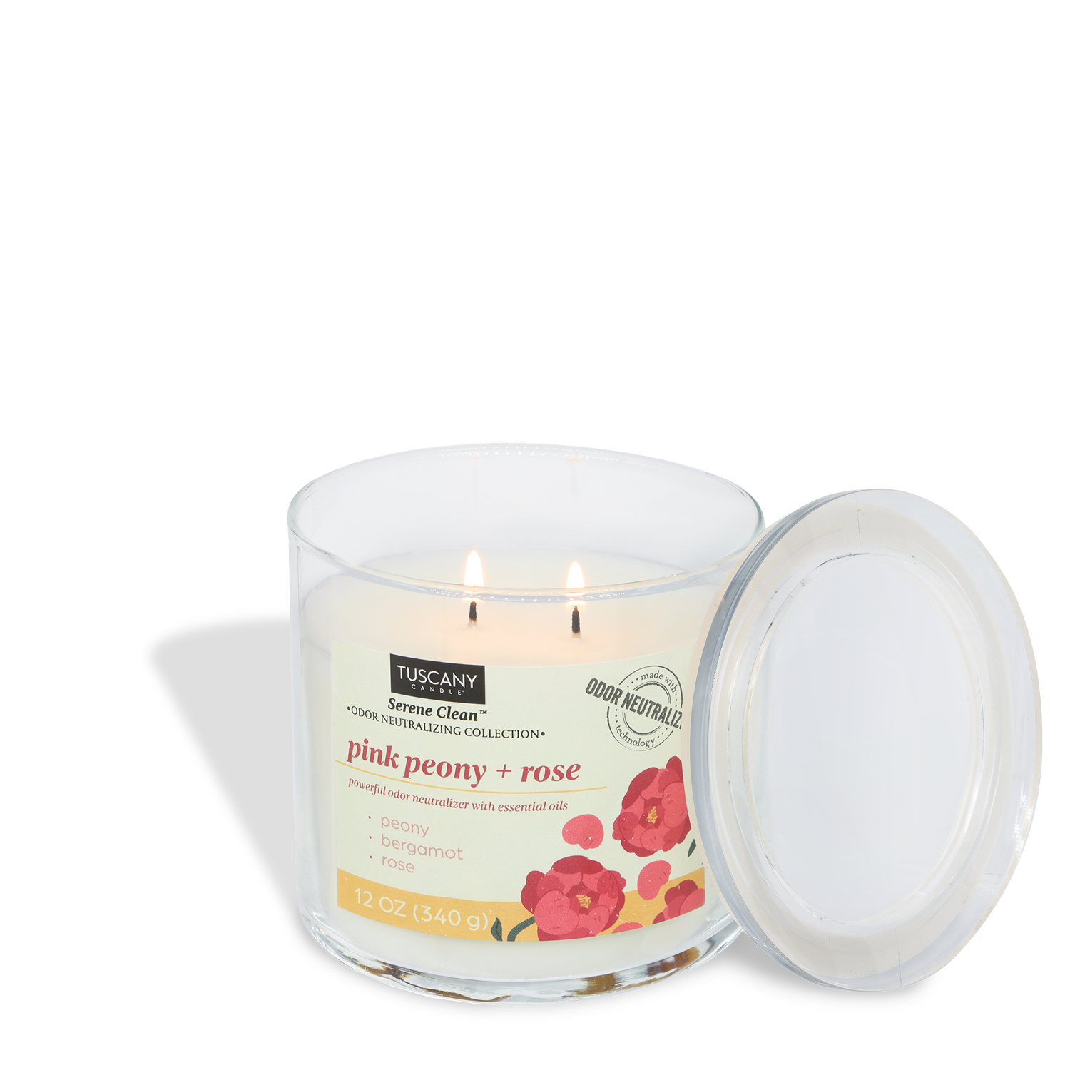 The Tuscany Candle® Everyday Pink Peony + Rose Scented Odor Neutralizing Candle (12 oz) from the Serene Clean Collection features a floral glass jar with clear lid and two wicks, filling your space with a delightful aroma.